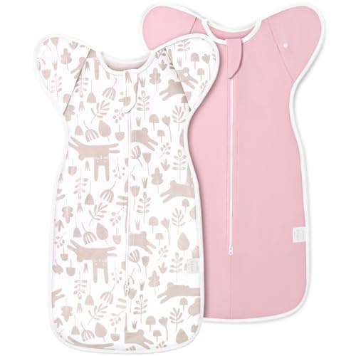 ANYEDDE 2-Pack Transitional Swaddle Sleep Sack - Arms Up Swaddle 6-9 Month, Baby Swaddles for Newborn, Cuff Removable Design, Pink Bunny Breathable Baby Sleep Sacks with 2-Way Zipper