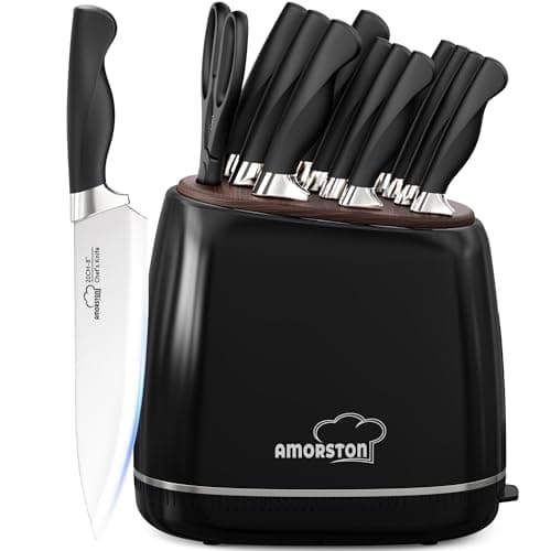 Knife Set, Amorston 14-Piece Kitchen Knives Set with Block & Sharpening Stone, Stainless Steel Dishwasher Safe, Knife Block Set with Ergonomic Handle, Professional Kitchen Knives for Home Cooking - Image 1