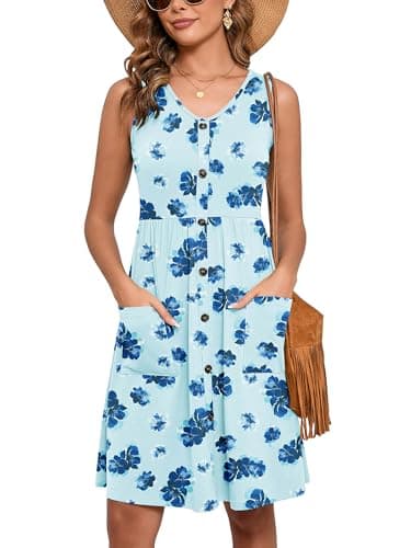 Heymoments Women Summer Dress Blue Flower Small Sleeveless V Neck Casual Cute Loose Sundress Comfy Swing Button Down Midi Work Flowy Tunic Ladies Beach Vacation Teacher Dresses with Pockets - Image 1