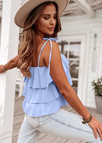 KIRUNDO Spaghetti Strap Ruffle Babydoll Peplum Tank Tops for Women 2026 Summer Cute Flowy Beach Vacation Cruise Outfits(Light Blue, X-Large) - Thumbnail 4