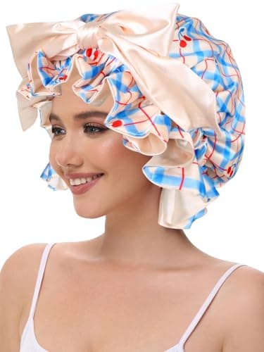 Vettres Cute Adjustable Silk Bonnet for Sleeping Double Layer Satin Cap Hair Sleep Bonnet for Curly Hair Cherry Blue - Thumbnail 5