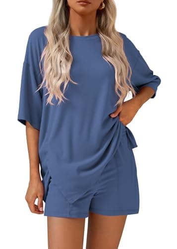 KIRUNDO 2 Piece Sets for Women Summer Lounge Sets Casual Oversized Tshirts Shorts Matching Airport Travel Outfits Postpartum(Blue, Small) - Image 1