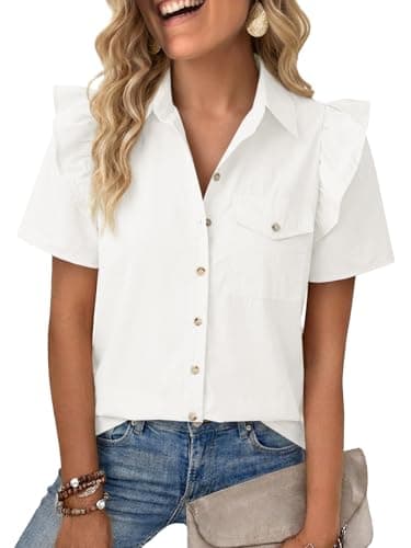 Cicy Bell Womens Babydoll Button Down Shirts Summer Ruffle Puff Sleeve Pleated Tops Loose Fit Cotton Collared Curvy Hem Tees White - Image 1