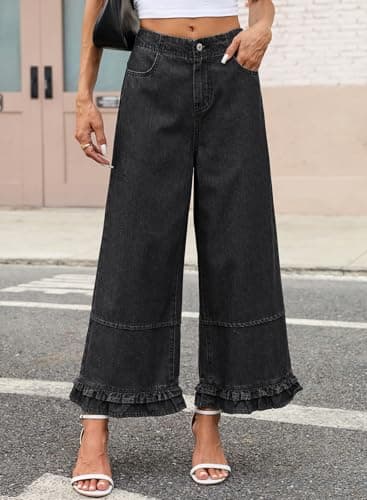 EVALESS Womens Wide Leg Jeans 2026 Trendy Mid-Rise Cropped Baggy Jeans Loose Fit Cute Ruffle Hem Trouser Denim Pants with Pockets Grey Size 16 - Thumbnail 2