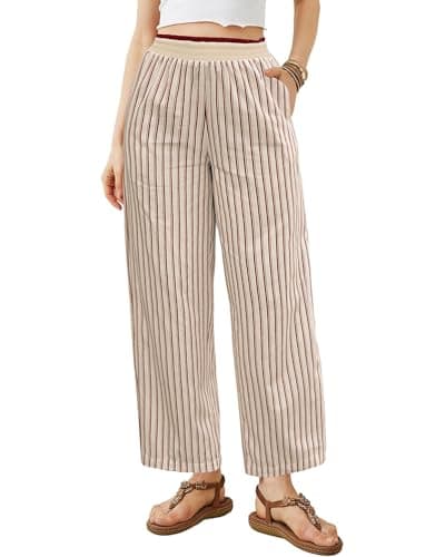 Bsubseach 2026 Women's Striped Wide Leg Cropped Pants Smocked Waist Summer Casual Trousers with Pockets(Khaki-red Striped, X-Large) - Image 1