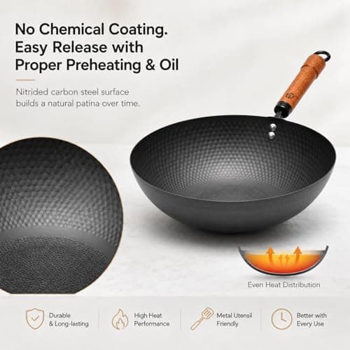 WANGYUANJI Carbon Steel Wok Pan with Lid, 12.6 Inch Flat Bottom Wok for Induction, Gas & Electric Stoves, Chinese Stir Fry Pan with Detachable Wooden Handle - Thumbnail 3