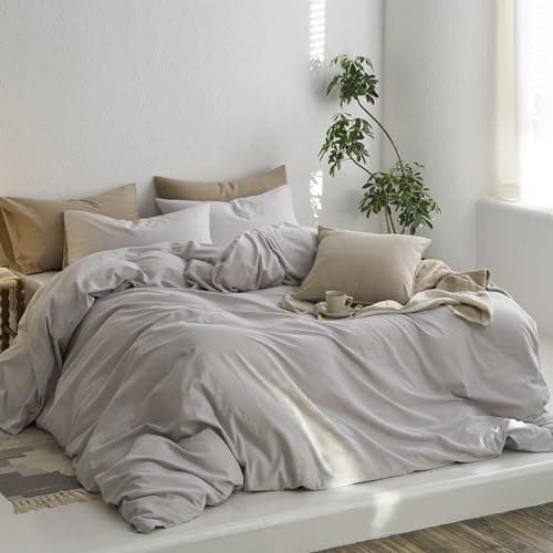 MooMee California King Duvet Cover Set, 100% Washed Cotton Linen Like Twill Thick Sturdy Material Super Soft Breathable Durable Bedding for All Season, 3 Pieces (Light Gray, Cal King 104"x98") - Thumbnail 5