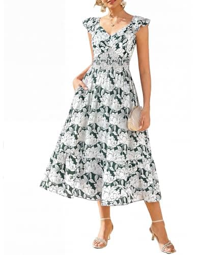 GRACE KARIN Women's Summer Floral Maxi Dress 2026 Ruffle Sleeve Smocked Sundress Flowy Wedding Guest Long Dresses Dark Green M - Image 1