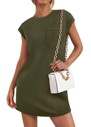 KIRUNDO Summer Mini Tshirt Dress 2026 Cap Sleeve Spring Dresses for Women Loose Casual Crewneck Shift Sundress Basic Pockets(Army Green, Small) - Image 1