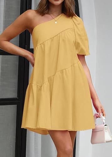 KIRUNDO Summer One Shoulder Mini Baby Doll Dresses Women 2026 Casual Puff Sleeve Loose Tiered A Line Flowy Short Dress(Yellow, XX-Large) - Thumbnail 6