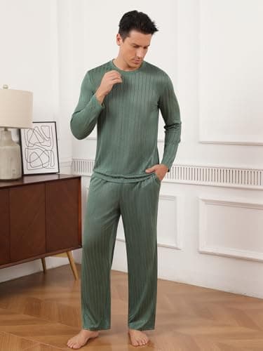 RQP Men's Pajama Sets Long Sleeve Crew Neck Lounge Set with Pockets,Light Green - Thumbnail 5