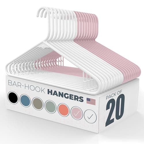 Neaties Plastic Hangers 20 Pack - Made in the USA - 6lb Capacity Standard Clothes Hangers with Strap Hooks for Dresses, Lingerie, Shirts, Pants, and Jackets - White & Rose - Image 1