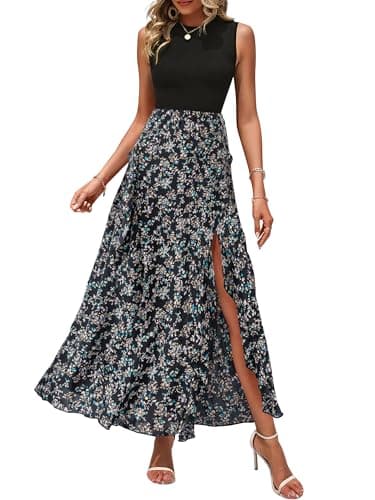 BTFBM Summer Dresses for Women 2026 Casual Spring Floral Sleeveless Ruffle Boho Cocktail Wedding Guest Party Midi Dress(Floral Black Blue, Large) - Image 1
