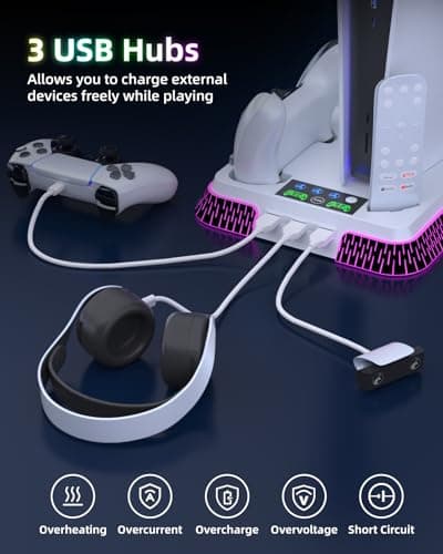 Cooling Station and Console Stand for PS5/Pro/Slim, Dual Controller Charging Station with Ambient RGB Lighting for PlayStation 5, PS5 Stand Controller Charger for Disc & Digital with Cooling Fan - Thumbnail 6