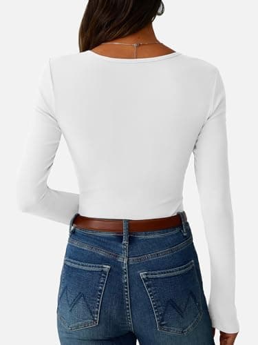 GKBK Womens White Long Sleeve Shirts Ribbed Slim Fitted Tight Henley Shirts Scoop Neck Cute Basic Tee Tshirts Spring Fall Tops 2025 Trendy White M - Thumbnail 5