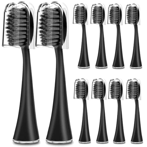 Replacement Toothbrush Heads for Burst Sonic Toothbrush with Dust Cover Caps, Charcoal Soft Bristles, Black, Pack of 10 - Image 1