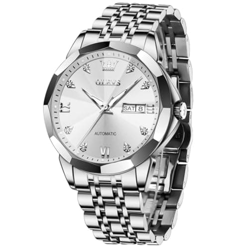 OLEVS Silver Watch for Men Luxury Automatic Self Winding Stainless Steel Analog Large Face Water Resistance Watches for Men Dress Day Date Classic Mens Watches - Image 1