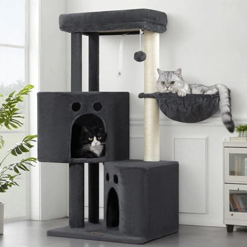 Small Cat Tree Tower for Indoor Cats, 40 In Medium Multi-Level Compact Cat House Bed with 2 Condos, Large Platform Perch, Sisal Scratching Post, Hammock, Cat Climbing Stand for Kitty kitten(Dark Grey) - Image 1