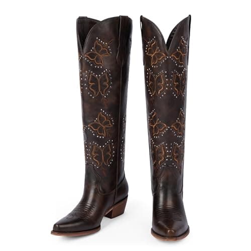 Easyfox Cowgirl Boots for Women Butterfly Embroidered Chocolate Cowboy Boots Chunky Heel Dark Brown Rhinestone Knee High Western Boot Pointed Toe Slip on Block Heel Cow Girl Boot 6.5 - Thumbnail 6