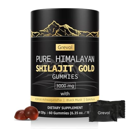 Grevol Himalayan Shilajit Gummies: Gold Grade Shilajit Riched with Ashwagandha Fulvic Acid & 85+ Trace Minerals - No Added Sugar - Individually Wrapped - for Men & Women - 60 Gummy - Image 1