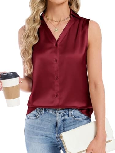 Funlingo Womens Satin Blouse Silky Dressy Satin Camisole Tops Sleeveless Button Down Basic Shirts V Neck Professional Dressy Casual Clothes Wine Red S - Thumbnail 2