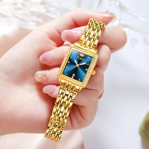 OLEVS Watch Women Gold Watches for Women Rectangle Blue Face Waterproof Stainless Steel Small Wrist Womens Watch Dainty Elegant Analog Quartz Ladies Watches Reloj para Mujer - Thumbnail 2