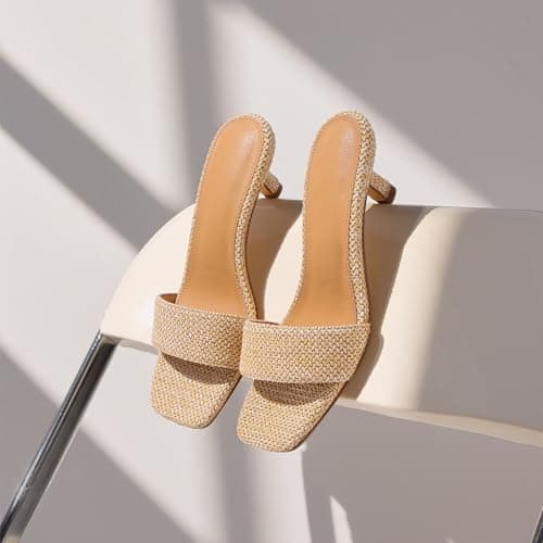 Ancomafio Kitten Heel Sandals Raffia Low Heels 2 Inch Square Open Toe Sandals for Women Slip on Summer Vacation Casual Shoes Brown Size 8.5 - Thumbnail 4
