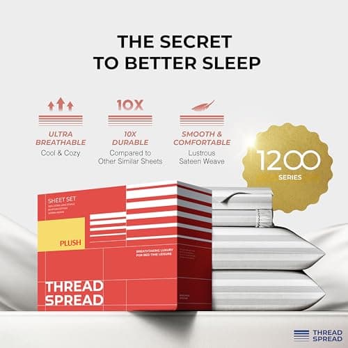 THREAD SPREAD Egyptian Cotton Sheets King Size - 1200 Series Plush Collection Damask Sheet Set Egyptian Cotton (4 PC, White Stripe), Luxury Sheet King Size, Soft, Cooling Deep Pocket Sheets - Thumbnail 5