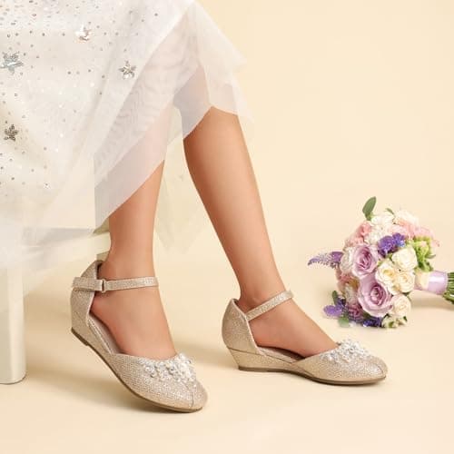 DREAM PAIRS Girls Dress Shoes, Glittering Low Wedge Heels with Pearls Rhinestones, Soft Cushioning, Hook-and-Loop Straps, Non-Slip Outsole, Party Formal Wear, Size 11 Little Kid,Gold-Glitter,SDFL2414K - Thumbnail 3