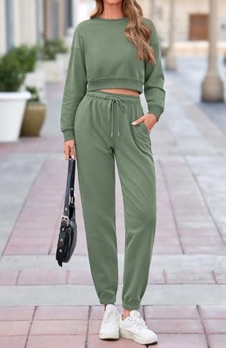 BTFBM Women 2 Piece Outfits Long Sleeve Crop Top Pullover Drawstring Pant Jogger Set Casual Sweatsuits Tracksuit Pockets(Green, Medium) - Thumbnail 3