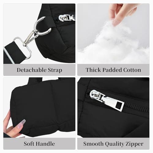 JHhomezeit Small Puffer Bag for Women, Crossbody Puffer Tote Bag Quilted Puffy Bags Satchel Shoulder Purse Fluffy Handbag (Black) - Thumbnail 5