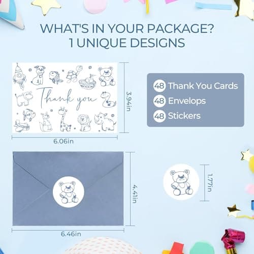 Oaken Leaford 48-Pack Baby Shower Thank You Card Set with Envelopes & Stickers, Cute Blue Cartoon Design Blank Note Cards for Newborn Celebrations - Thumbnail 3