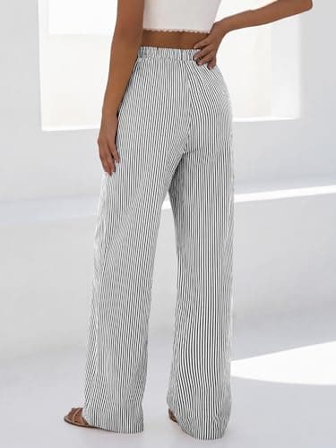 BTFBM Striped Wide Leg Pants for Women Spring Summer 2026 Drawstring Lounge PJ Beach Bottoms Casual Trousers Pockets(Black, Large) - Thumbnail 3