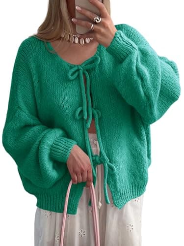 Saodimallsu Womens Tie Front Cardigan Sweaters Cute Bow Puff Long Sleeve 2026 Spring Loose Ribbed Knit Trendy Sweater Tops Green - Image 1