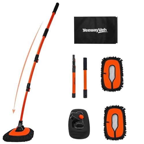 YeewayVeh 55" Car Wash Brush Mop with Long Handle, 15 Degree Curved Extendable Car Wash Brush with Extra Microfiber Mop Head, Soft Car Washing Brushes with Storage Bag for Truck SUV Cleaning, Orange