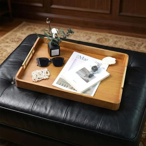 Fopeat Solid Teak Wood Serving Tray with Handles, 17"x13"x2" Rectangular Ottoman Tray for Living Room Kitchen Party, Rustic Decorative Tray for Home Coffee Table Breakfast Dinner Bar - Thumbnail 5