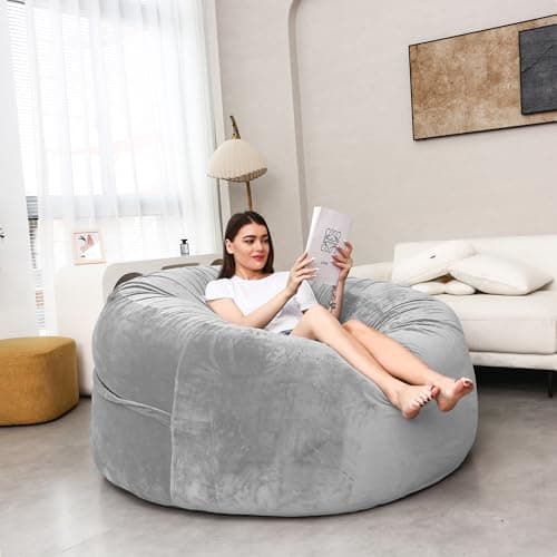 WFJOPR 6FT Oversize Bean Bag Chair Cover,Soft Faux Fur Lazy Sofa Cover with Double Zipper,Stain-Resistant Machine Washable Bean Bag Case for Adults Kids,Living Room Gaming Room,No Filler,Light Grey