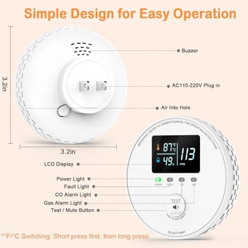 4-in-1 Carbon Monoxide Detectors Plug in, Natural Gas Detector & Carbon Monoxide Alarm with Temperature(°F/℃) & Humidity, Combustible Gas & CO Sensor and HD Display for Home, RV, Apartment - Thumbnail 6