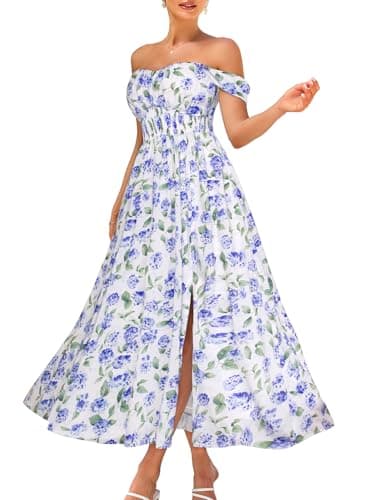 GRACE KARIN Summer Floral Dress for Women 2026,Off the Shoulder Smocked Bridesmaid Dresses,Formal Baby Shower Maxi Dresses White Blue Hydrangea XL