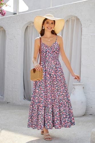 Women's 2025 Summer Sleeveless Boho Floral Maxi Dress V Neck Casual Long Dresses with Pockets - Thumbnail 3