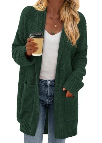 KIRUNDO Cardigan Sweaters for Women 2026 Fall Chunky Fuzzy Knit Open Front Loose Long Sleeve Sweater Coats Winter Clothing(Dark Green, X-Large) - Image 1