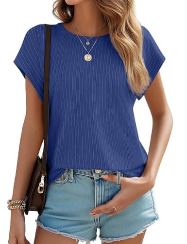 JUSTFASHIONNOW Womens Short Sleeve Tops Business Casual Tops for Women Crew Neck Basic Tees Textured Work Shirts Office Outfits(Blue,XXL - Image 1