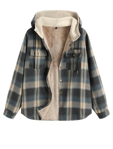 ZAFUL Mens Fleece Jacket With Hood Plaid Flannel Shirts Sherpa Button Down Jackets Men Sherpa Fleece Sweatshirt for Men - Image 1