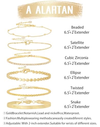 Gold Bracelets for Women 14K Gold Plated Stack Trend Bracelets Charm Paperclip Chain Cuban Link Layered Waterproof Bracelet Dainty Bracelet for Women Jewelry Gifts (Gold 6Pcs) - Thumbnail 3