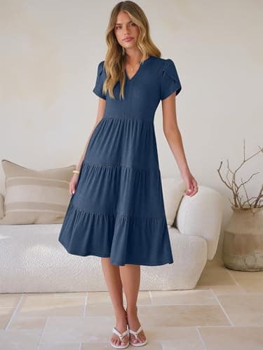 ANRABESS Womens Summer Causal Dresses V Neck Short Sleeve Midi Dress 2026 Flowy Tiered Boho Beach Sundress Vacation Outfits Blue M - Thumbnail 3