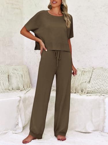 Fisoew Womens 2 Piece Outfits Sweater Sets Knit Split Crop Tops High Waisted Pants Lounge Set - Thumbnail 5