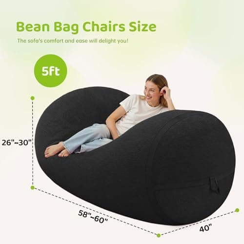 HABUTWAY Bean Bag Chair, 5FT Large Bean Bag Chair with Removable Cover, Comfy Beanbag Chair with Memory Foam Filling, Bean Bag Sofa for Living Room Bedroom Reading Room, Black - Thumbnail 2