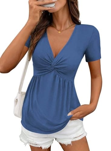Acelitt Womens Fashion 2026 Summer V Neck Twist Front Tshirts Short Sleeve Tunic Tops Ruffle Flowy Tees Solid Blue XXL - Image 1