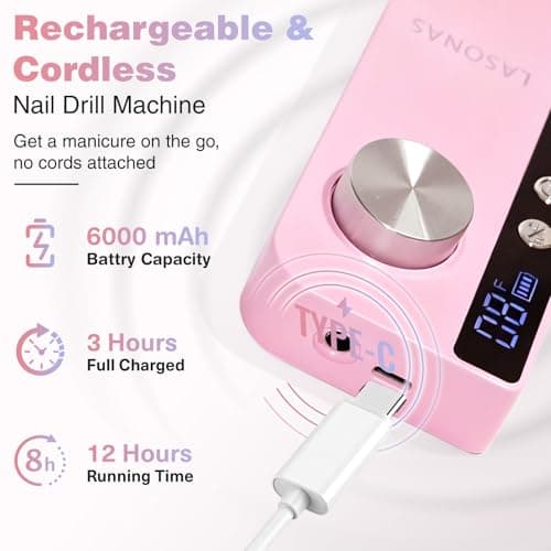 Electric Nail Drill Machine Professional, 35000 RPM Cordless Nail File, Portable Rechargeable Nail Drill and Bits for Acrylic Gel Nails Polishing Removing - Thumbnail 4