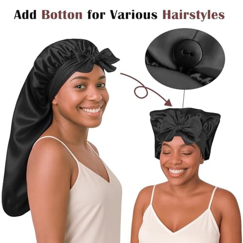 Women's Silky Bonnet - Long Tie Sleep Cap, Curly/Natural Hair, Adj. Night Hat, +10 Scrunchies, Mom/Wife - Thumbnail 2